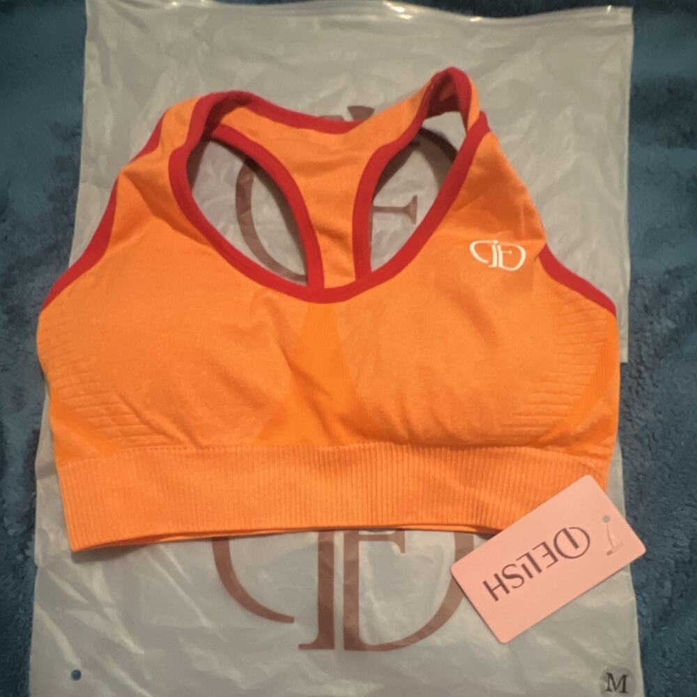 Delish Fetish Orange Red Solid Racerback Sports Bra Pullover Wireless Size S